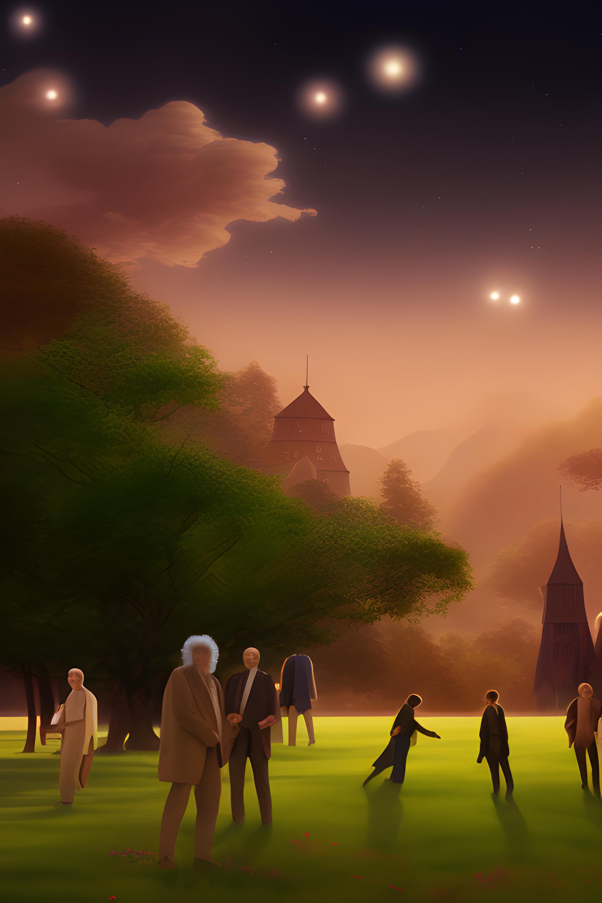 A very relaxing scene, with Einstein, Richard Feynman, Goethe, Kant, and a group of people strollin…